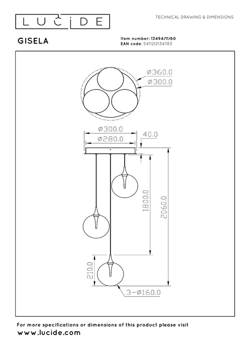 Lucide GISELA - Suspension - Ø 36 cm - LED Dim. - 3x4,3W 2700K - Transparent | Premium - technique